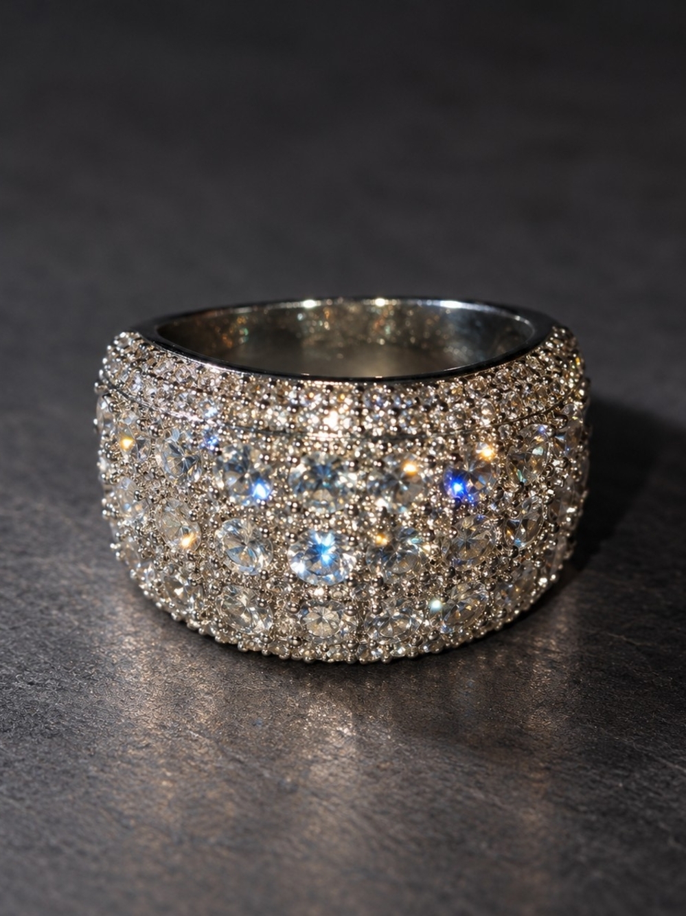 Silver Crystal Pavé Wide Band Ring - Sparkling Silver Tone Size 8